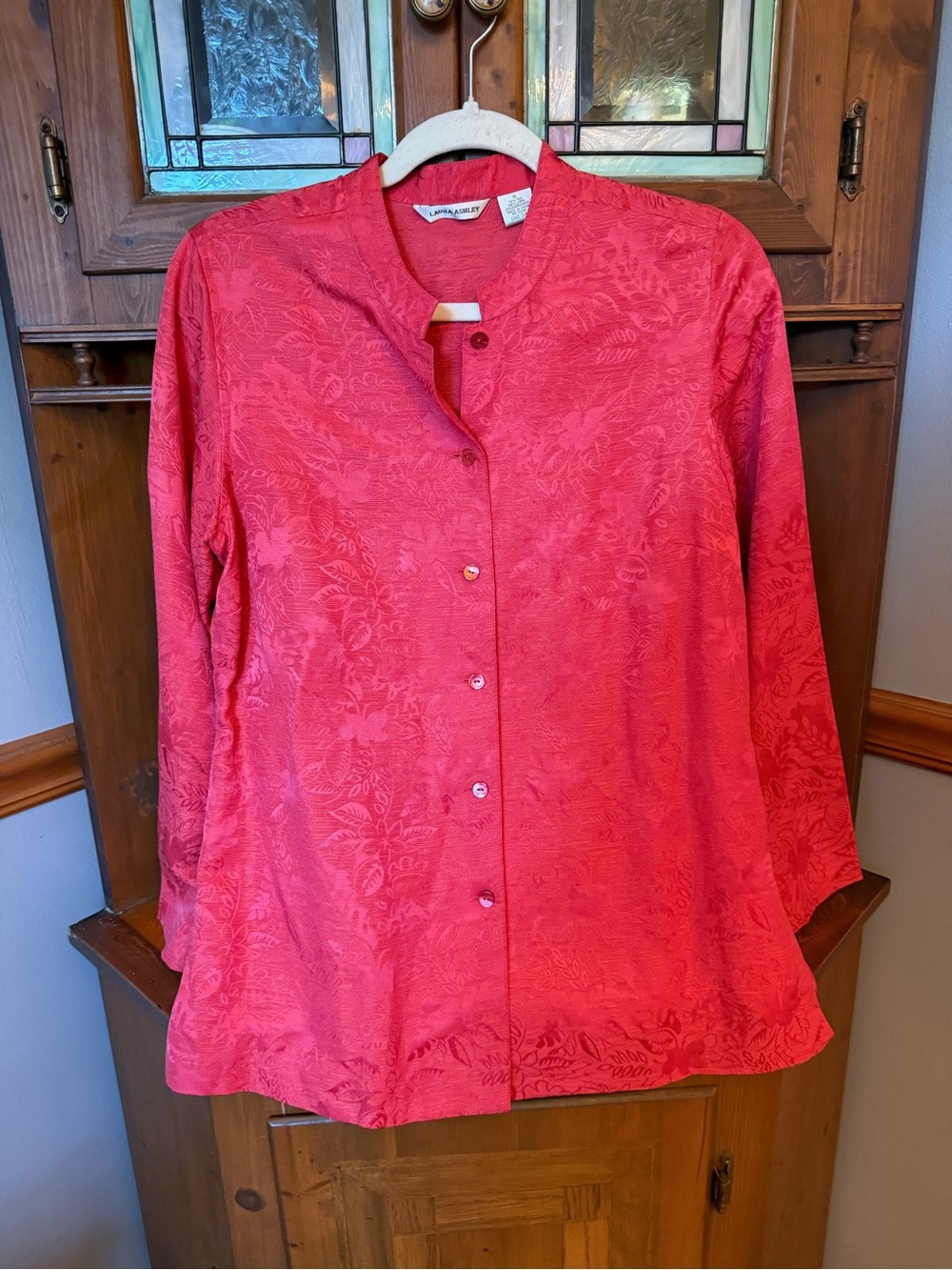 Laura Ashley vintage linen silk blend Asian inspired red floral print blouse S/8